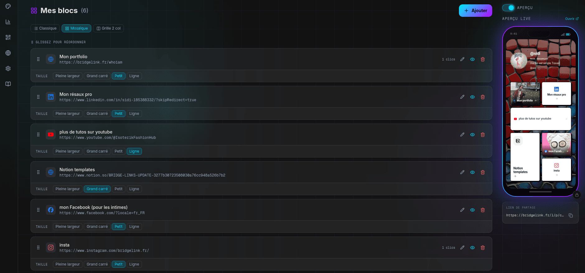 BridgeLink dashboard — gérez vos blocs, liens et aperçu mobile